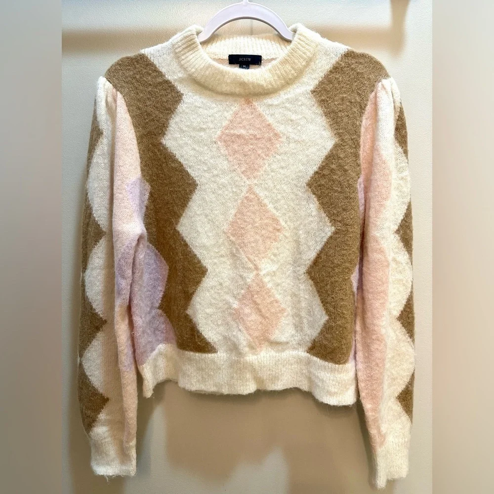 J.Crew Argyle Cropped Crewneck Alpaca and Wool Blend Sweater Size Medium